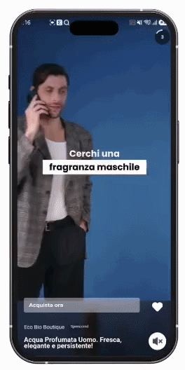 Vertical video ad for a fragrance brand, shown in a phone-style social feed frame